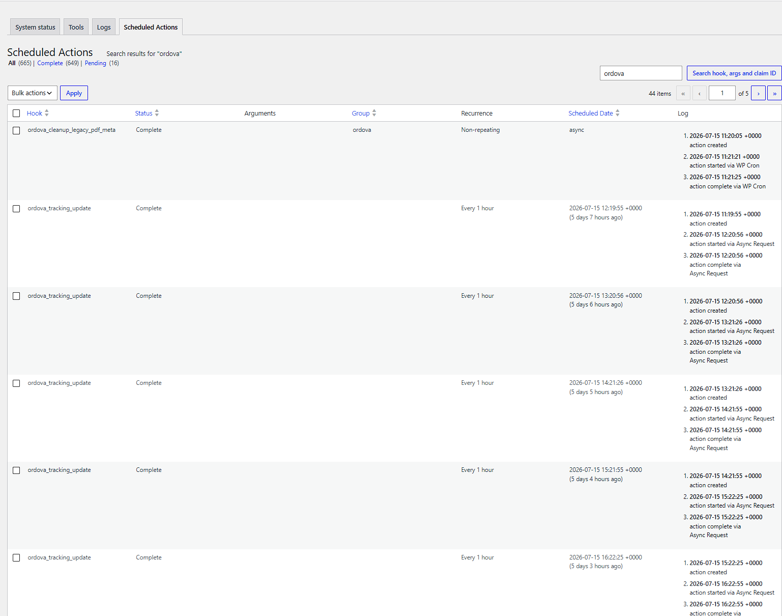Acțiunile Ordova finalizate în WooCommerce Action Scheduler