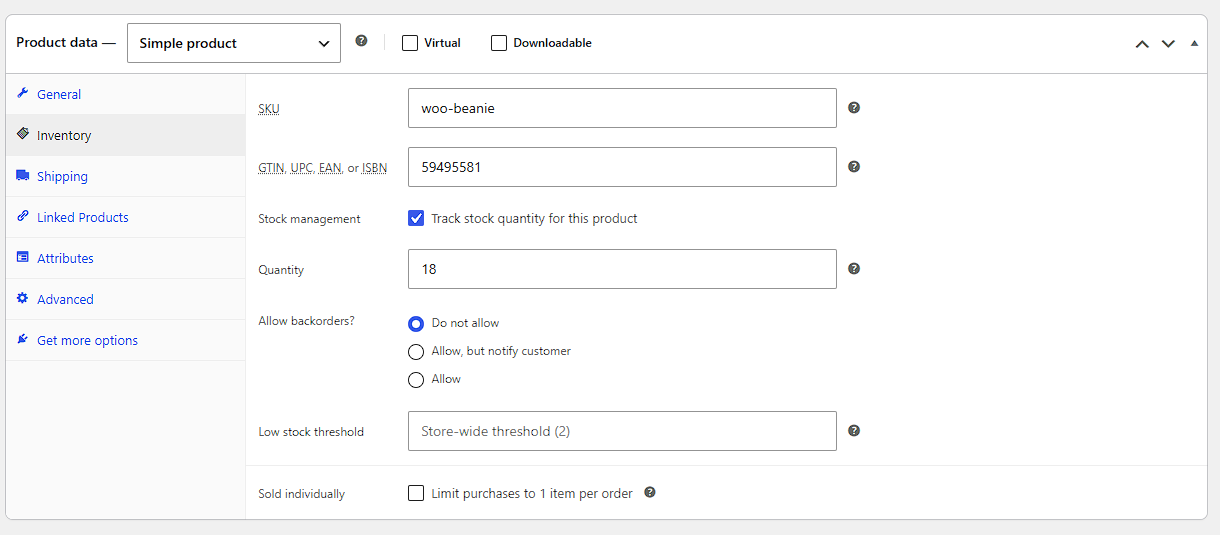 Codul de bare configurat pentru un produs WooCommerce