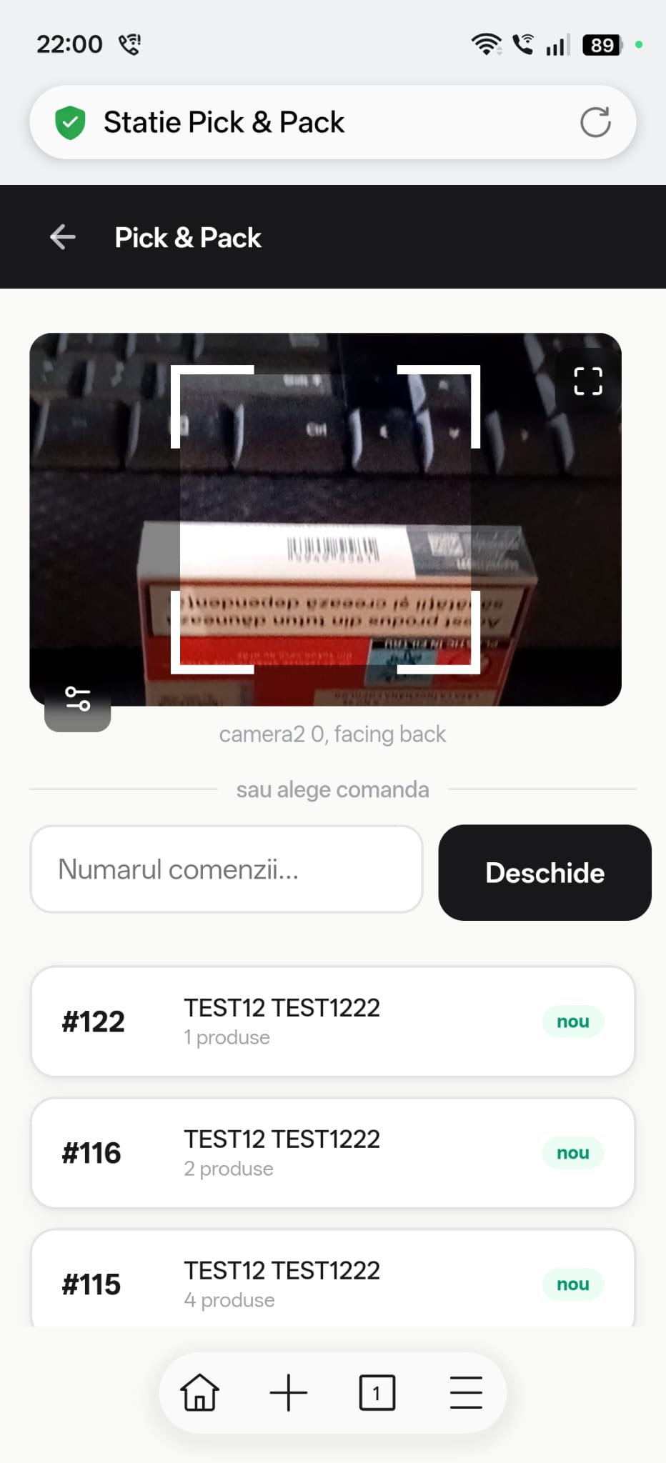 Ecranul inițial al stației mobile Ordova Pick and Pack