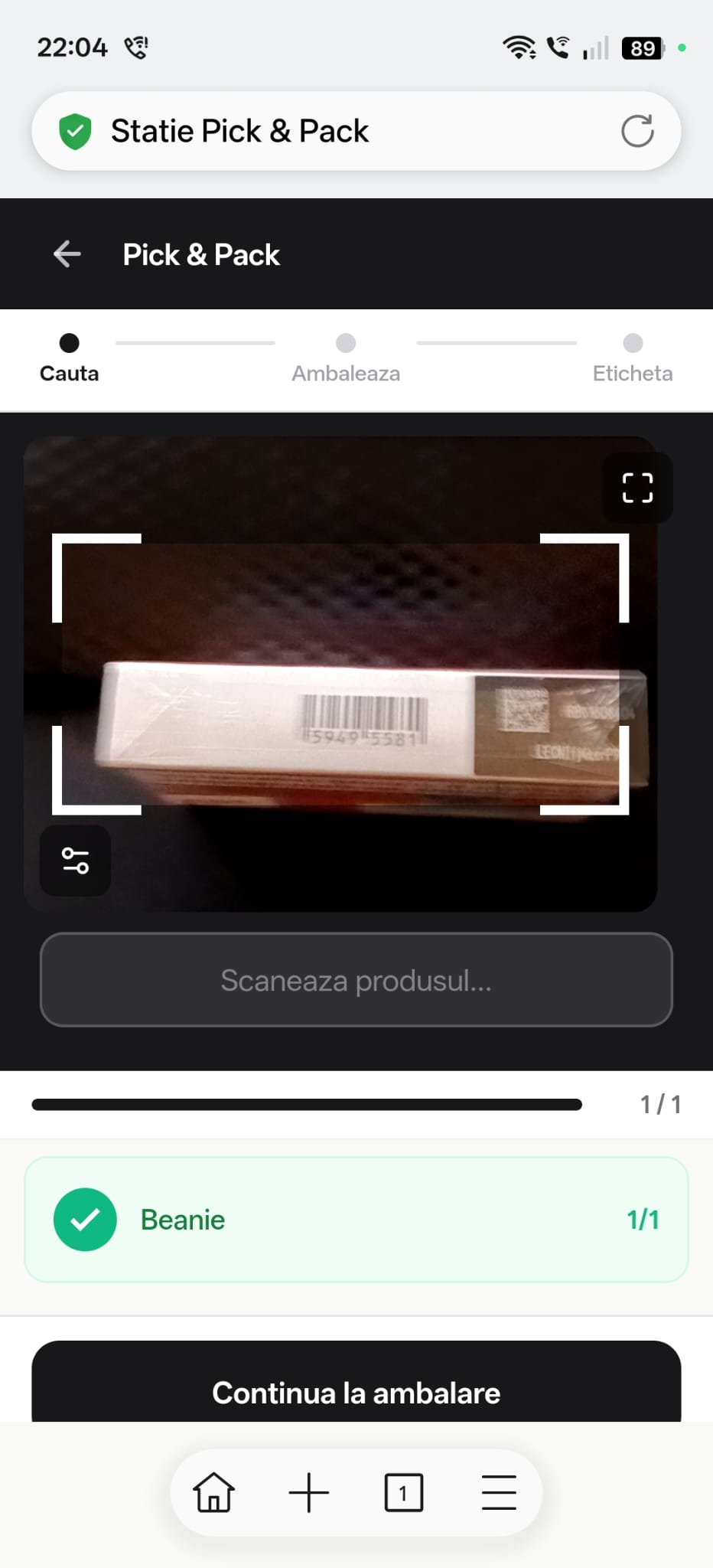 Produs confirmat instant după scanare în Ordova Pick and Pack