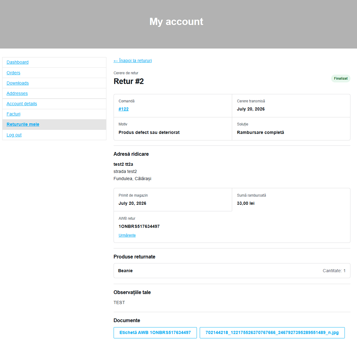 Lista retururilor din contul clientului WooCommerce